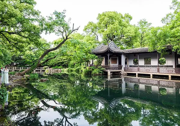 Chinese house with small pond in front