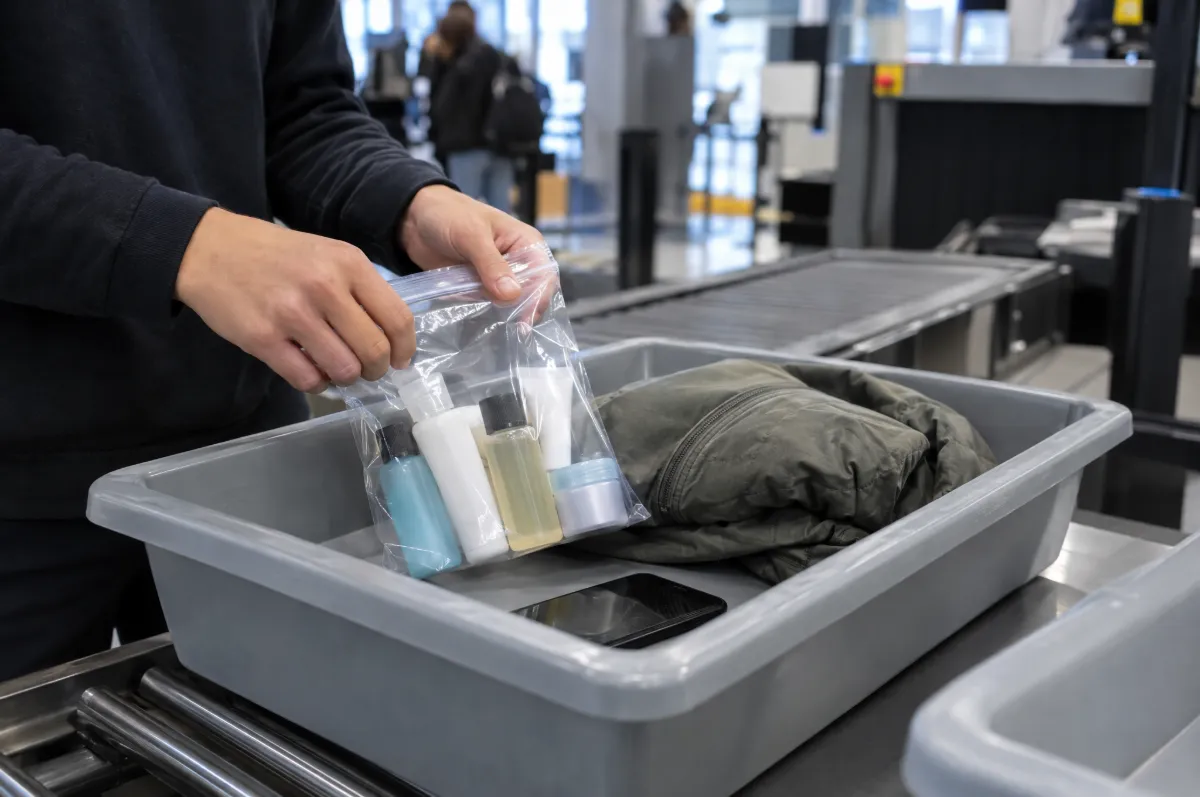 Traveler placing a clear quart-size bag of travel-size toiletries into an airport security tray