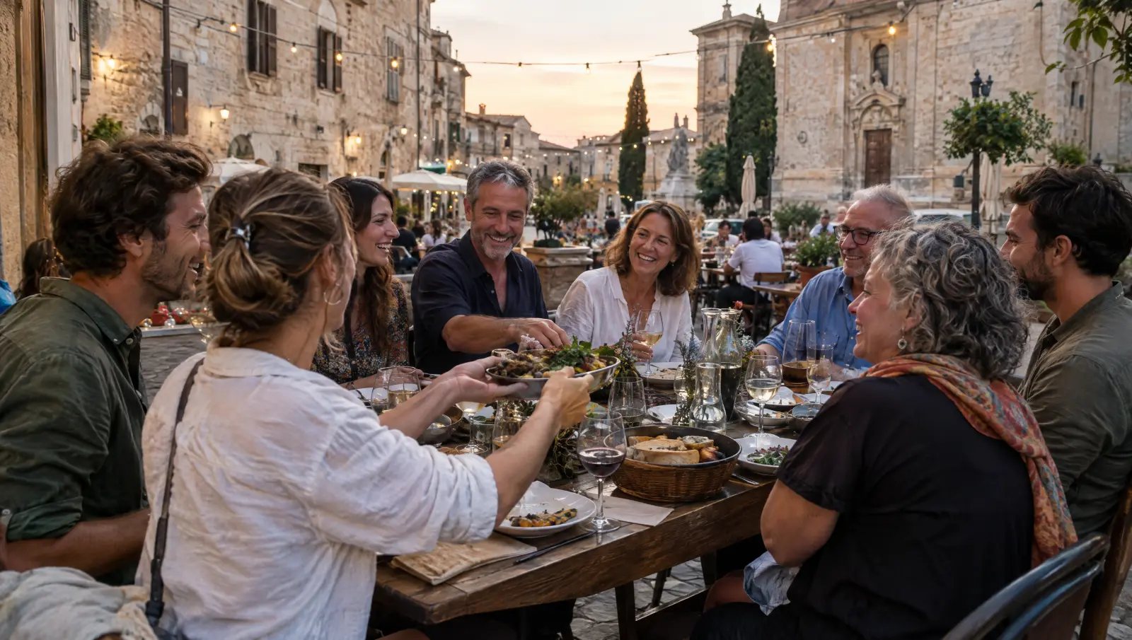 Small group of travelers sharing dinner at a long outdoor table in a European old-town square at dusk