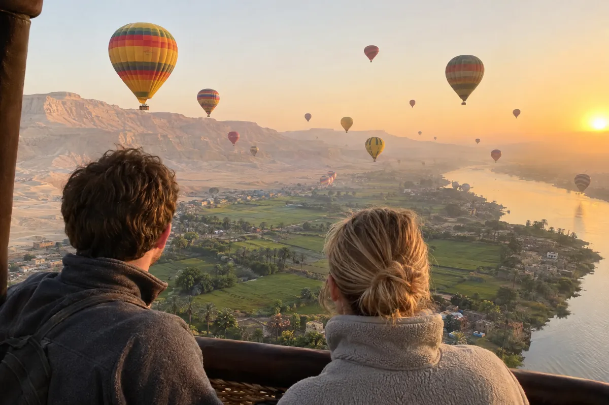 Hot air balloons over the West Bank of Luxor at sunrise, seen from a balloon basket