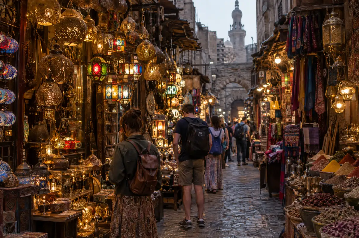 Lantern-lit lane in Cairo's Khan el Khalili bazaar in the early evening