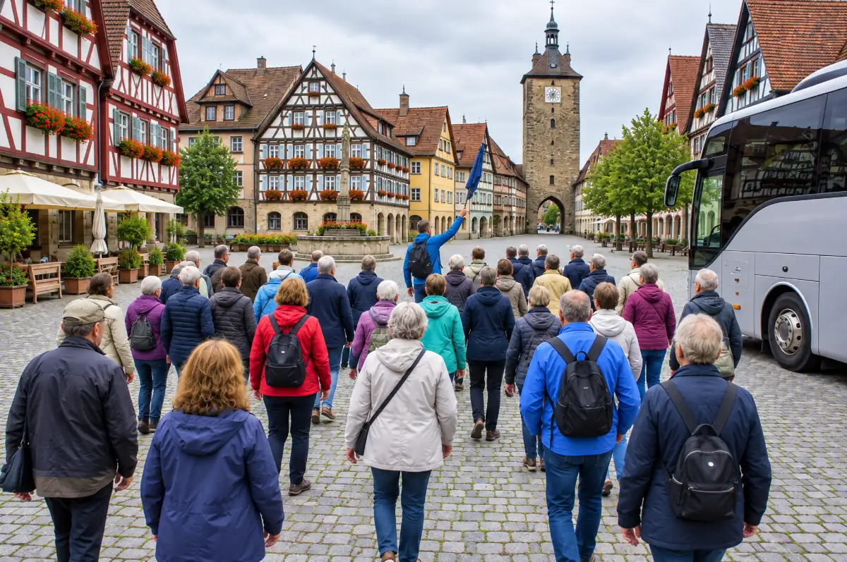 Large coach tour group following a guide through a cobblestone old-town square in Bavaria, Germany