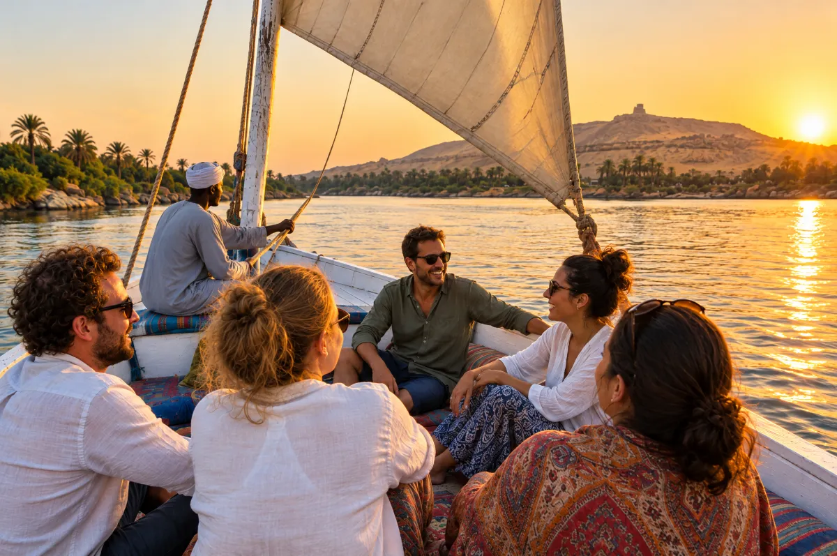Small group of travelers on a traditional felucca sailboat on the Nile near Aswan at sunset