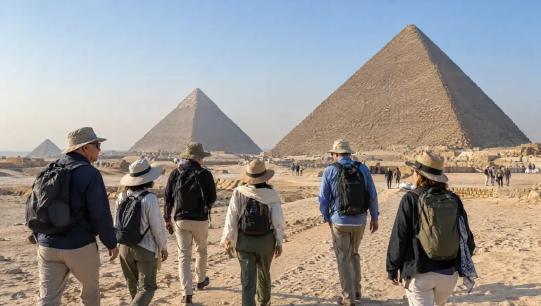 Small group of travelers walking toward the Giza Pyramids in soft winter morning light