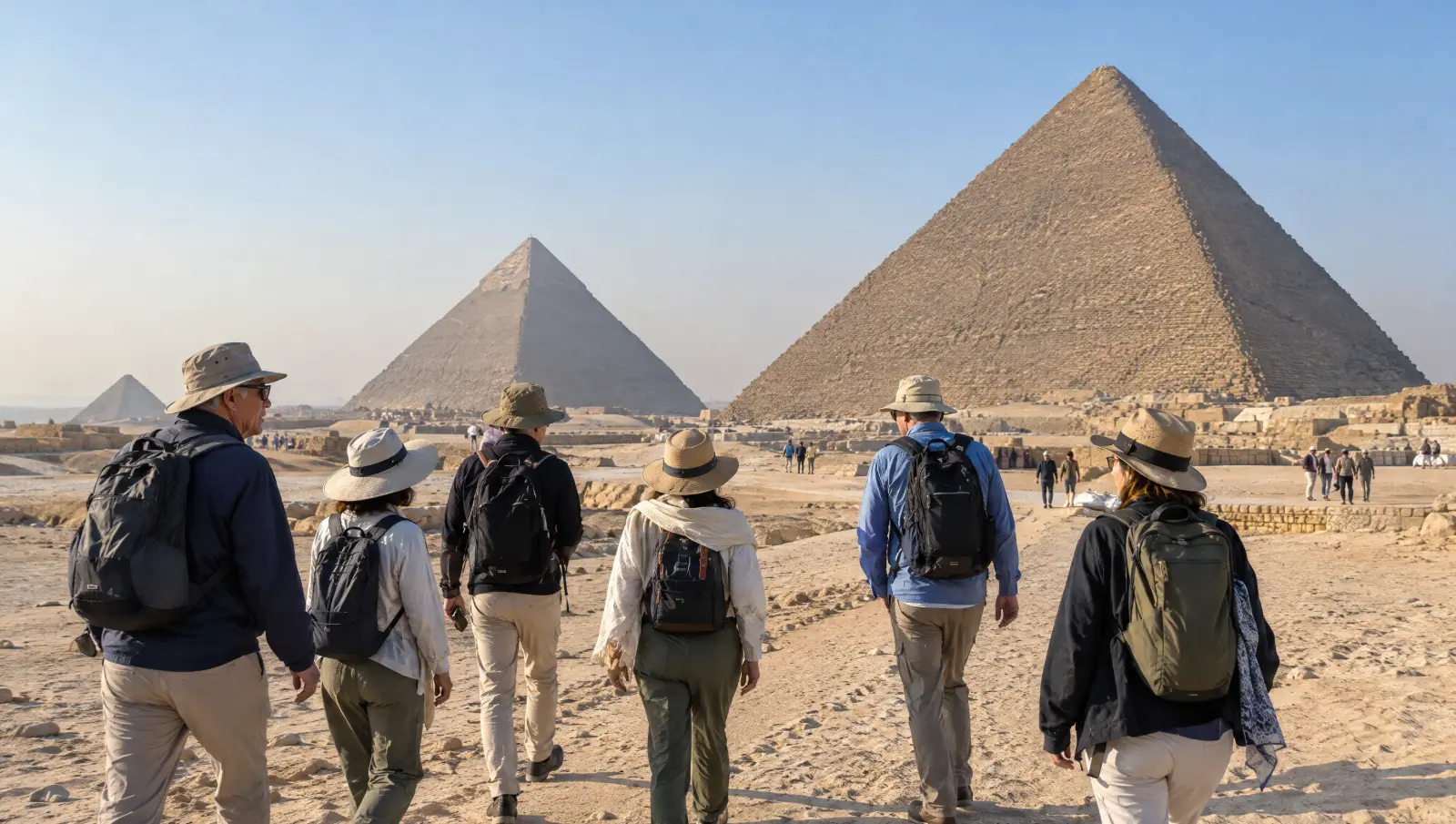 Small group of travelers walking toward the Giza Pyramids in soft winter morning light
