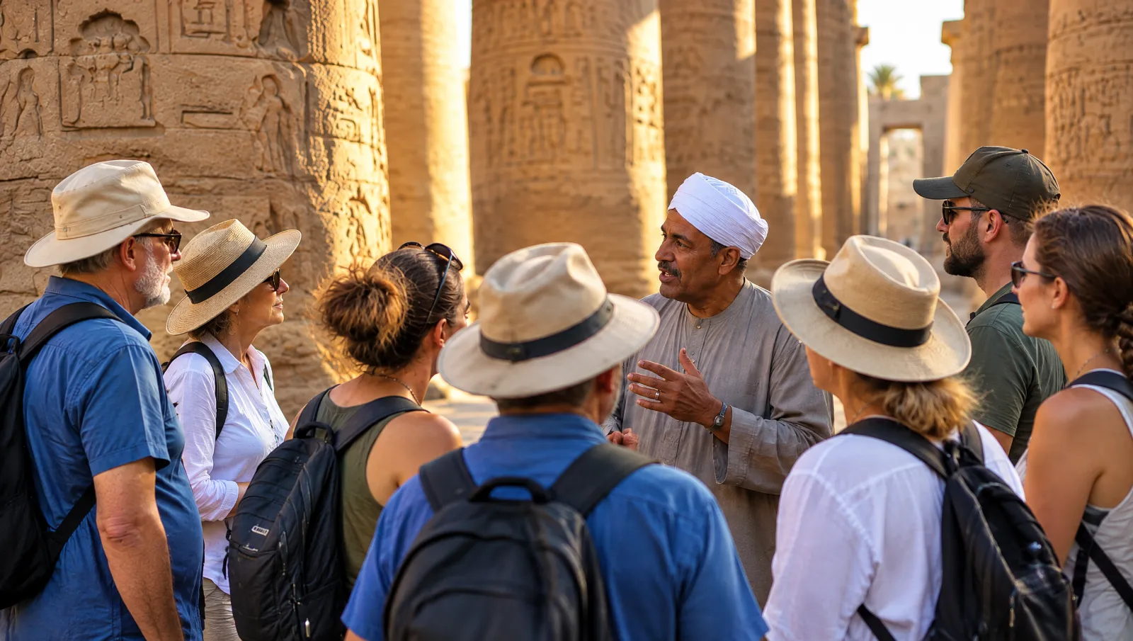 Small group of travelers listening to a local guide among the columns of Karnak Temple in Luxor, Egypt
