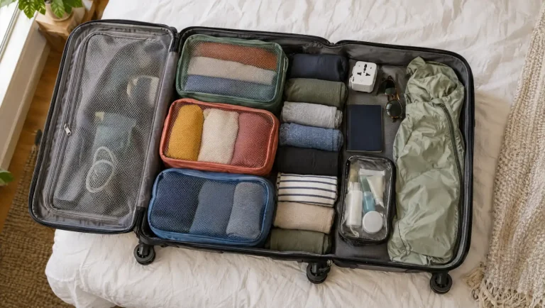 Open suitcase on a bed packed with packing cubes, rolled clothes, a travel plug adapter, a clear toiletry bag and a rain jacket