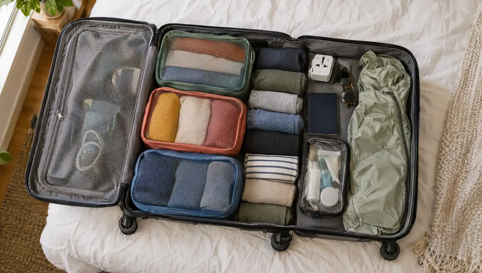 Open suitcase on a bed packed with packing cubes, rolled clothes, a travel plug adapter, a clear toiletry bag and a rain jacket