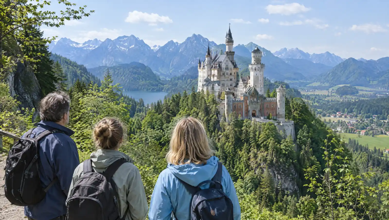Three travelers on a hillside path looking out at Neuschwanstein Castle and the Bavarian Alps
