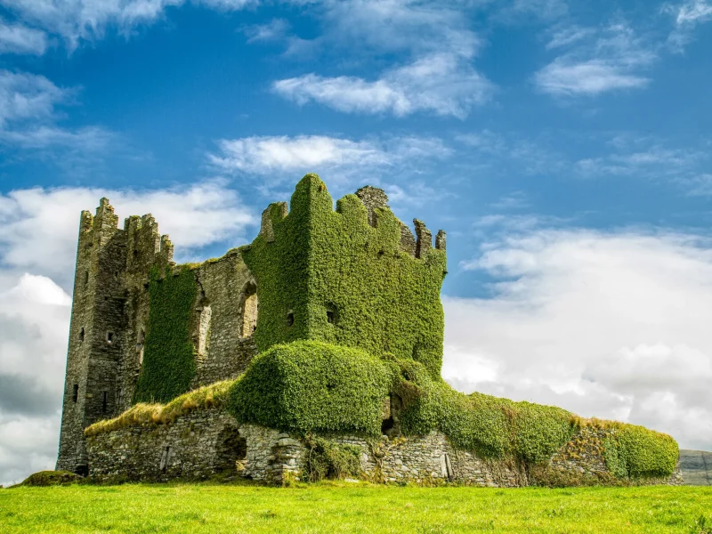 castle ruins atop grassy hill